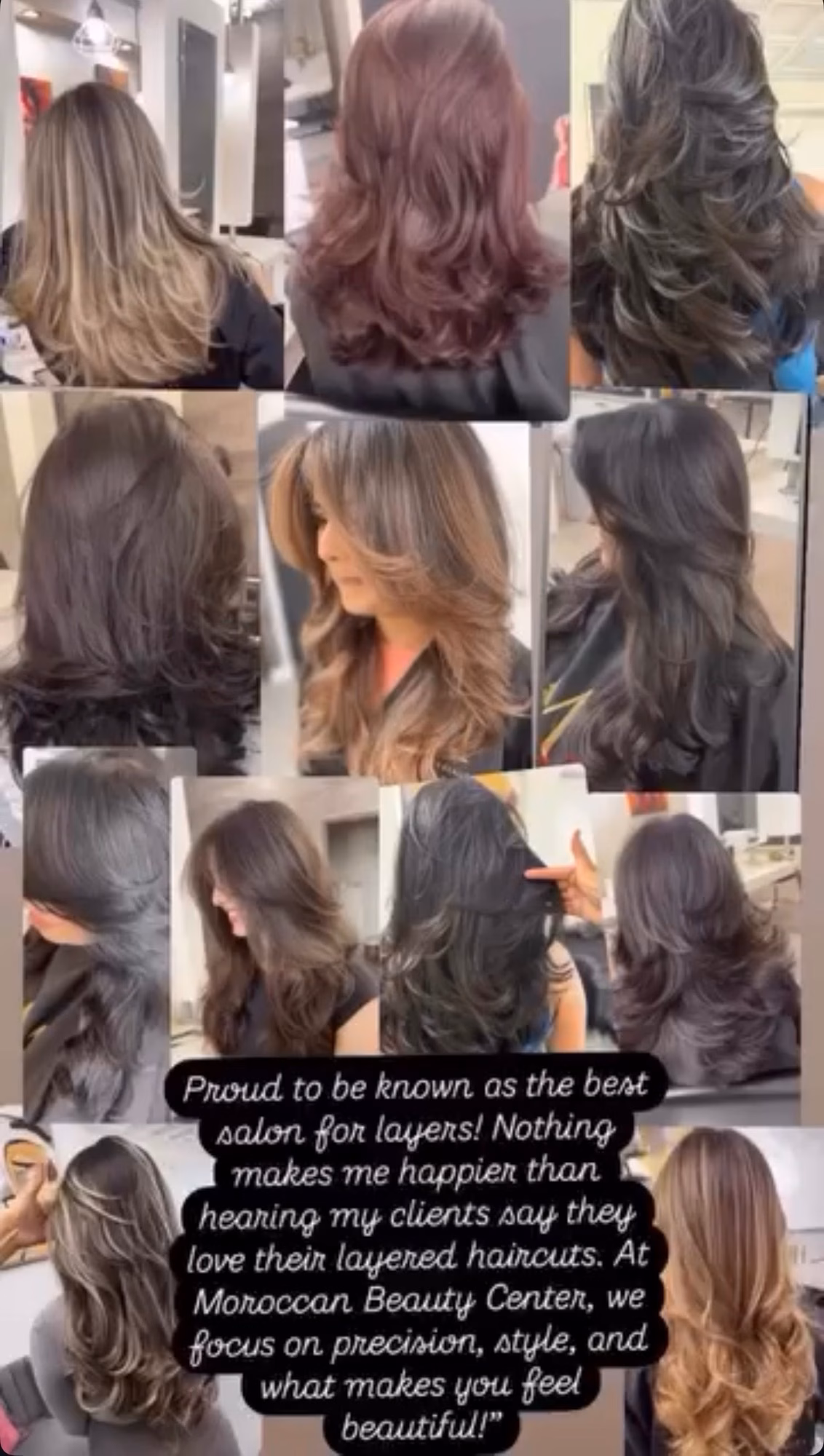 Long layered brunette haircut with face-framing movement at Moroccan Beauty Center Cypress