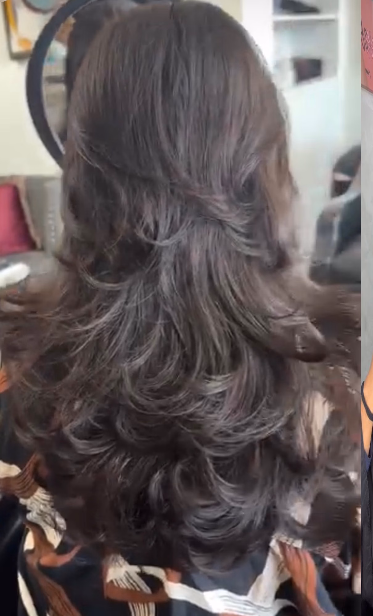 Long dark brunette layers with soft volume and movement at Moroccan Beauty Center hair salon in Cypress TX